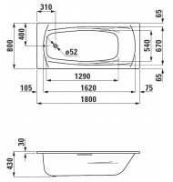 Laufen PALLADIUM vana ocelová 1800x800x430 mm, protihluková, bílá   H2251000000401